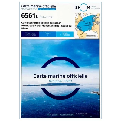 Carte marine 6561L du Shom - Carte conforme oblique de l'océan Atlantique Nord - France-Antilles - Route du Rhum - Shom